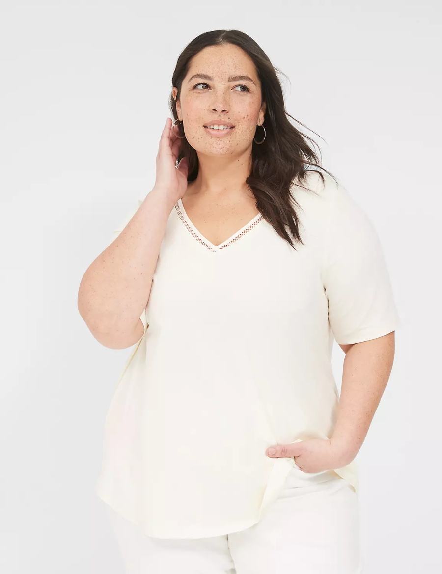 Women Lane Bryant Perfect Sleeve V-Neck Trim-Detail Tee T Shirts White | PVN9443WR