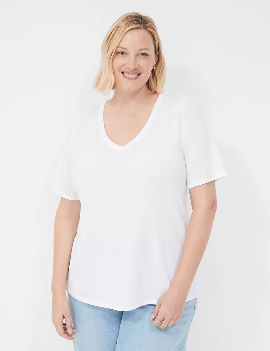 Women Lane Bryant Perfect Sleeve V-Neck Tee T Shirts White | XRQ1252PJ