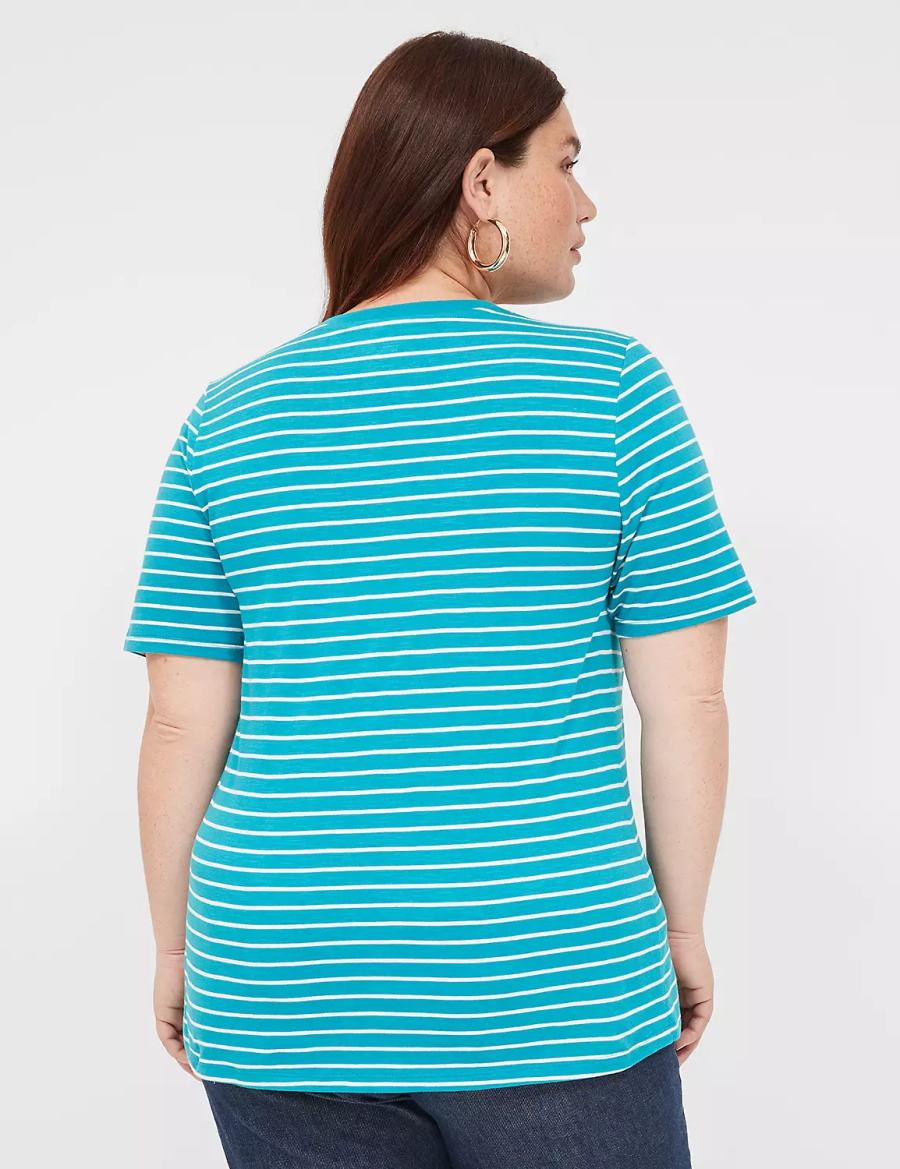 Women Lane Bryant Perfect Sleeve V-Neck Tee T Shirts Turquoise Stripes | WJP6660GC