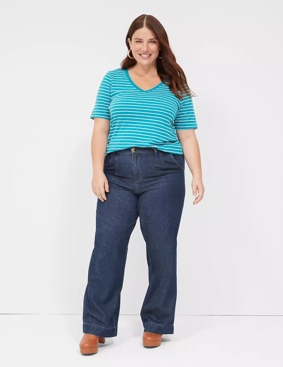 Women Lane Bryant Perfect Sleeve V-Neck Tee T Shirts Turquoise Stripes | WJP6660GC