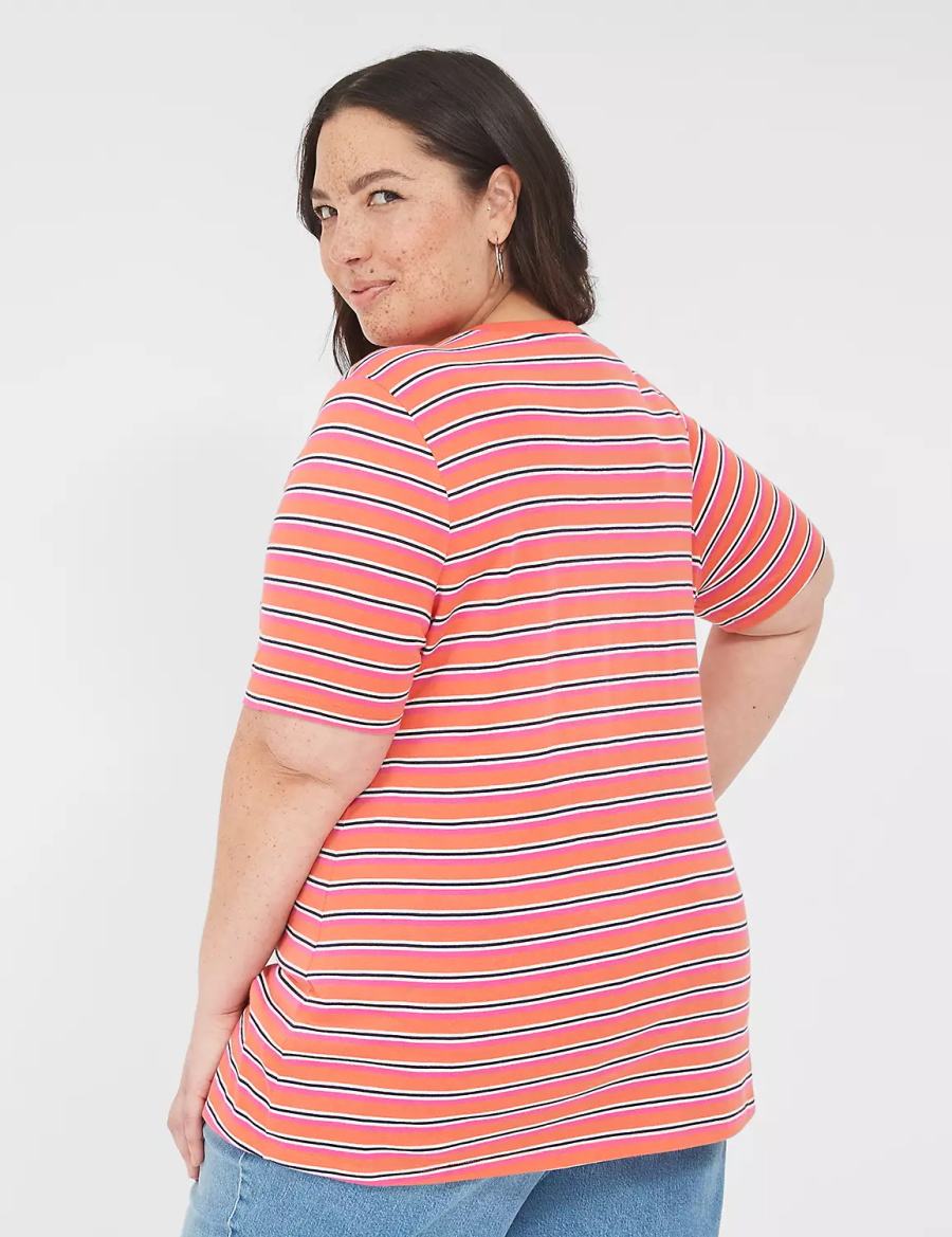 Women Lane Bryant Perfect Sleeve V-Neck Tee T Shirts Orange Stripes | LYW1346ID