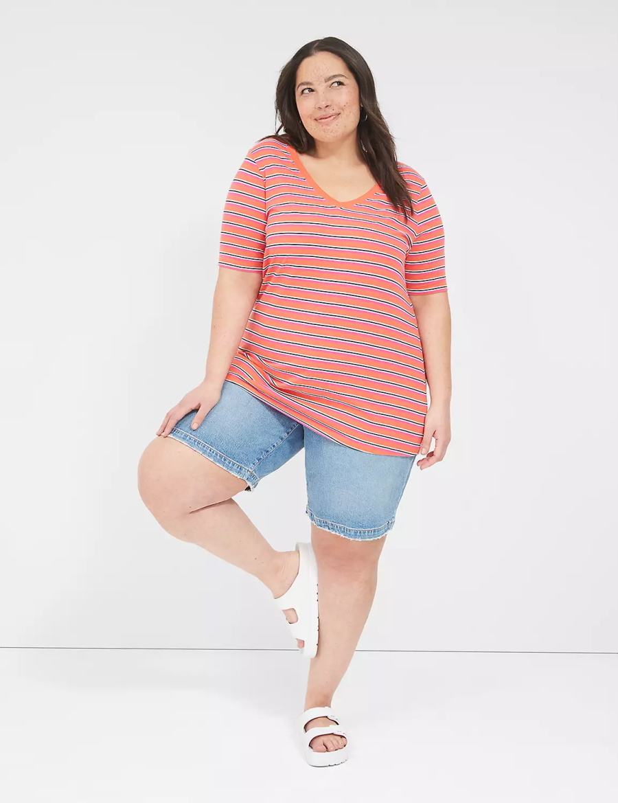 Women Lane Bryant Perfect Sleeve V-Neck Tee T Shirts Orange Stripes | LYW1346ID