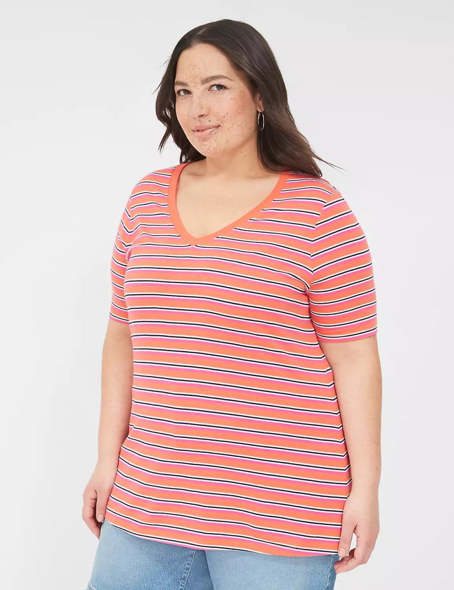 Women Lane Bryant Perfect Sleeve V-Neck Tee T Shirts Orange Stripes | LYW1346ID