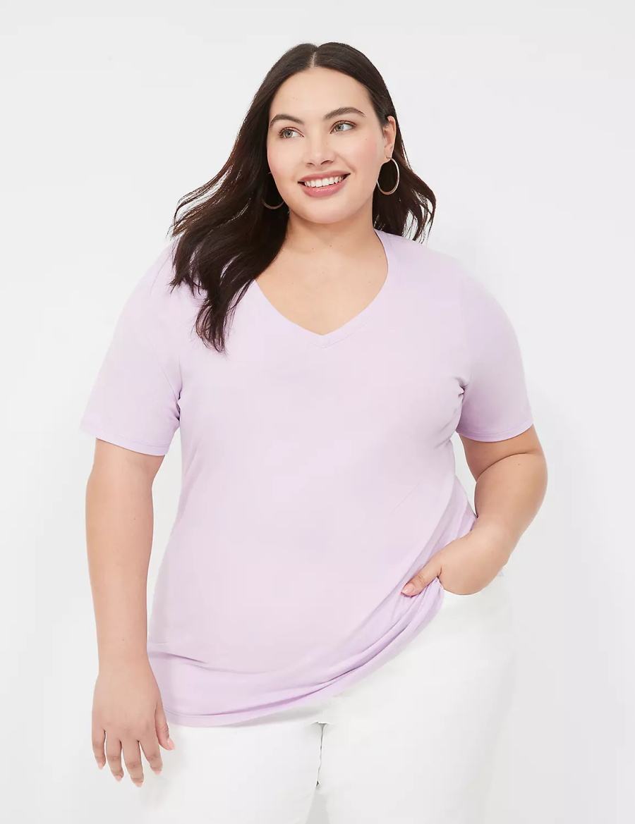 Women Lane Bryant Perfect Sleeve V-Neck Tee T Shirts Purple | QBK5331EM