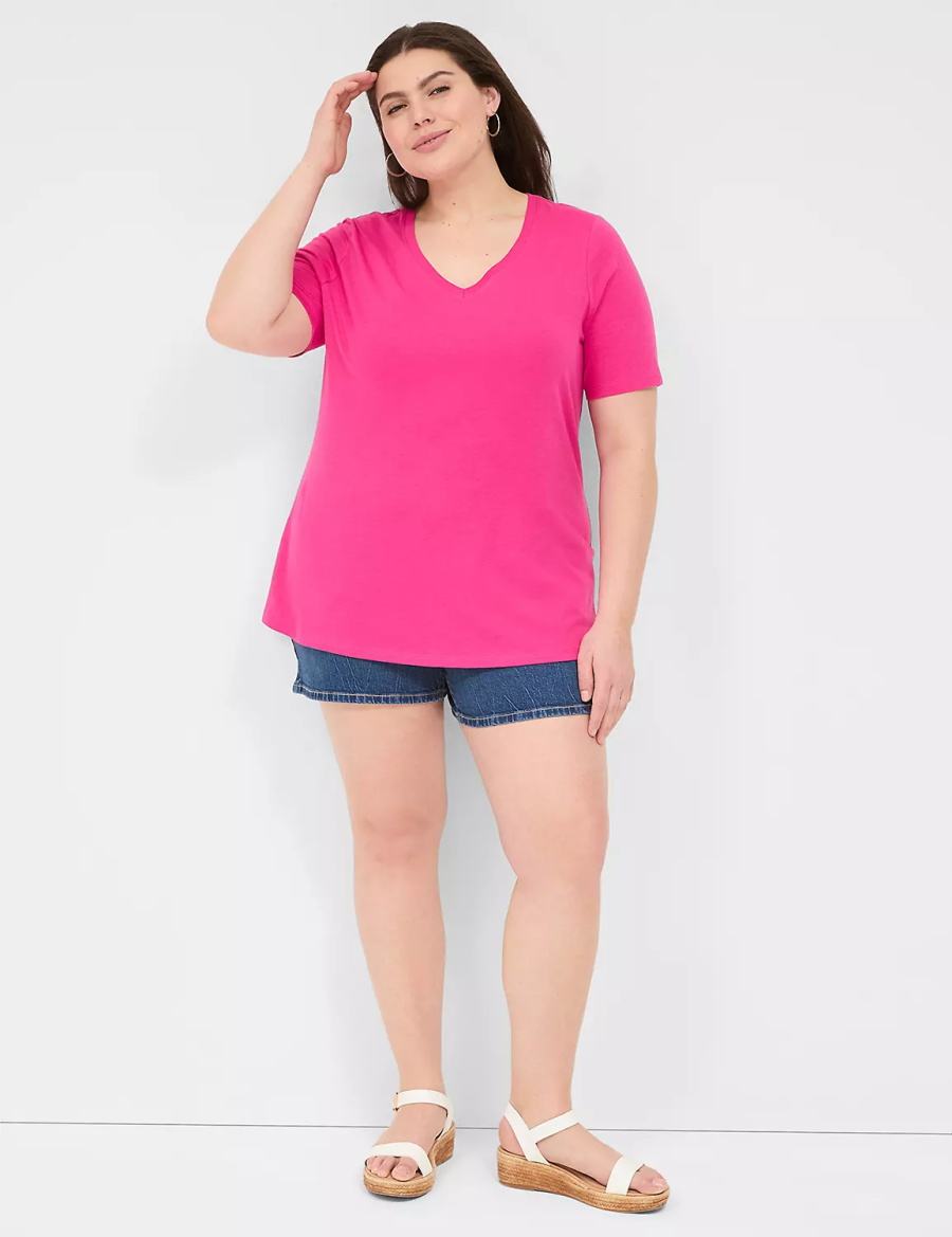 Women Lane Bryant Perfect Sleeve V-Neck Tee T Shirts Pink | KJD9781QP