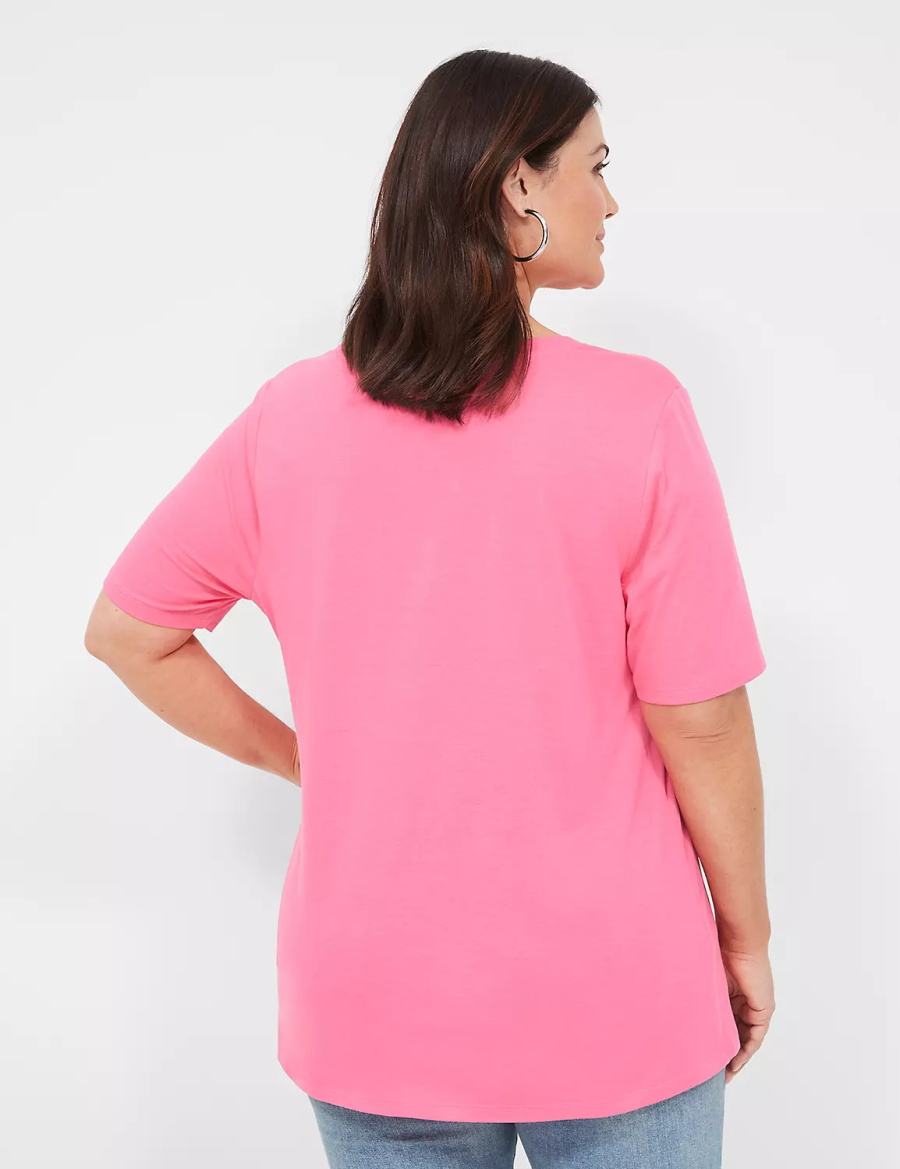 Women Lane Bryant Perfect Sleeve V-Neck Tee T Shirts Fuchsia | RAW1272AK