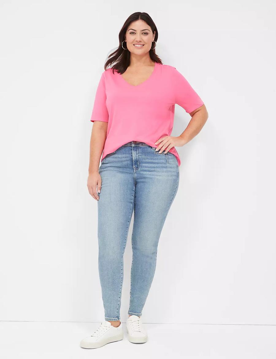 Women Lane Bryant Perfect Sleeve V-Neck Tee T Shirts Fuchsia | RAW1272AK