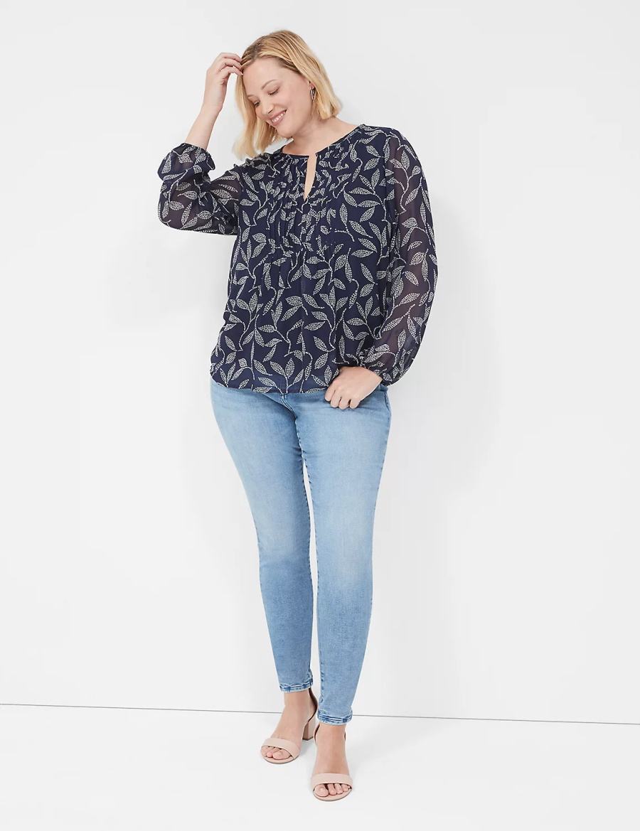 Women Lane Bryant Pin-Tuck Crew-Neck Blouse Navy | CHF742ID