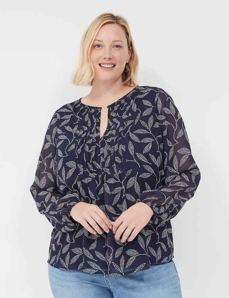 Women Lane Bryant Pin-Tuck Crew-Neck Blouse Navy | CHF742ID