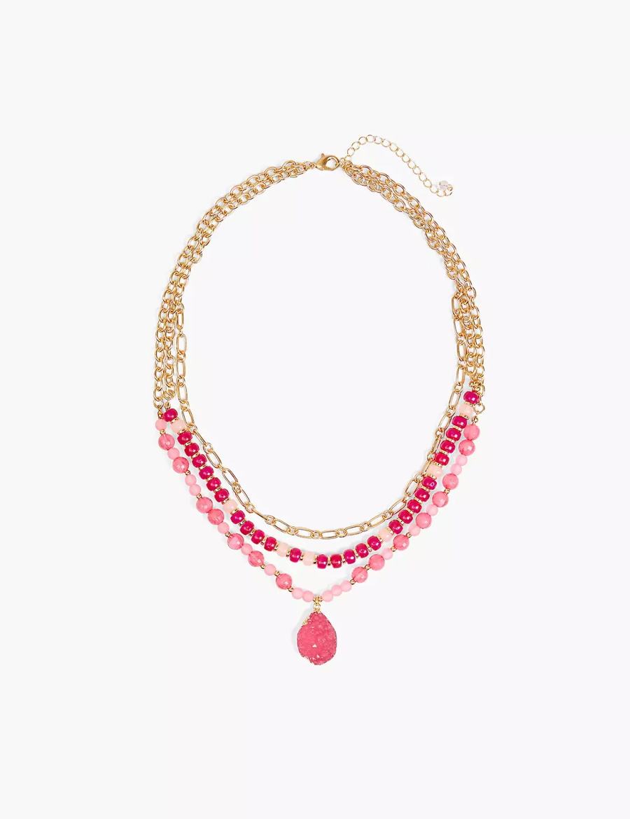 Women Lane Bryant Pink Beaded Druzy Necklace Gold | OKB8437IM