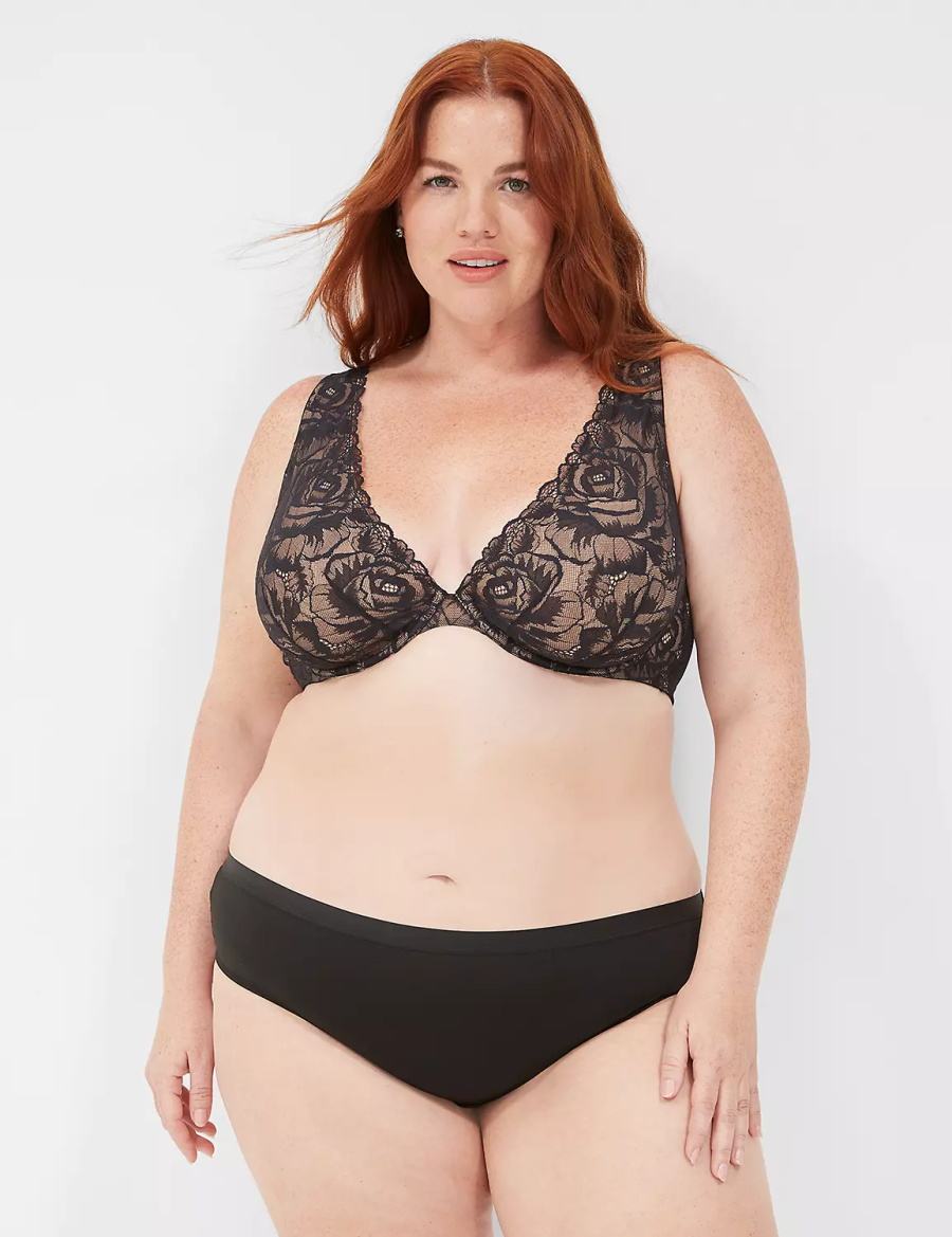 Women Lane Bryant Plunge with Lace Unlined Bra Black | GKQ2931HX