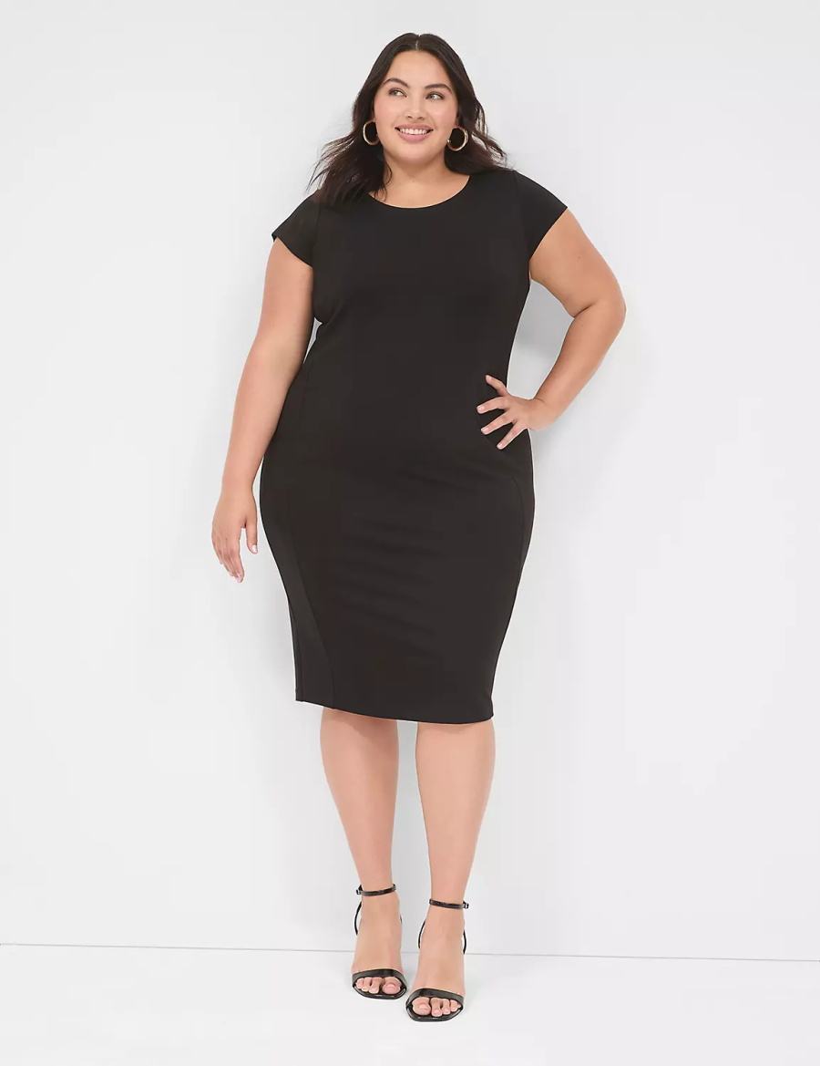 Women Lane Bryant Ponte Cap-Sleeve Crew-Neck Casual Dress Black | JII9748XV