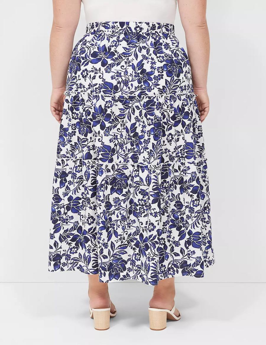 Women Lane Bryant Poplin Tiered Maxi Skirts Navy White | WFH3889SE