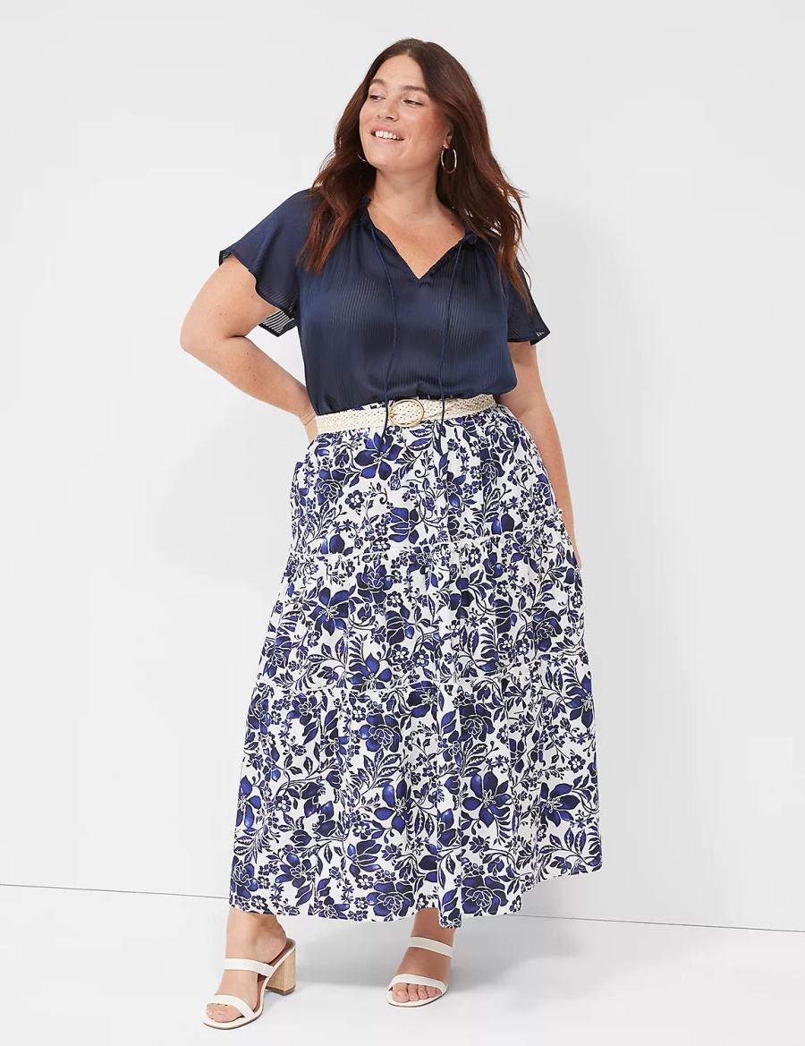 Women Lane Bryant Poplin Tiered Maxi Skirts Navy White | WFH3889SE