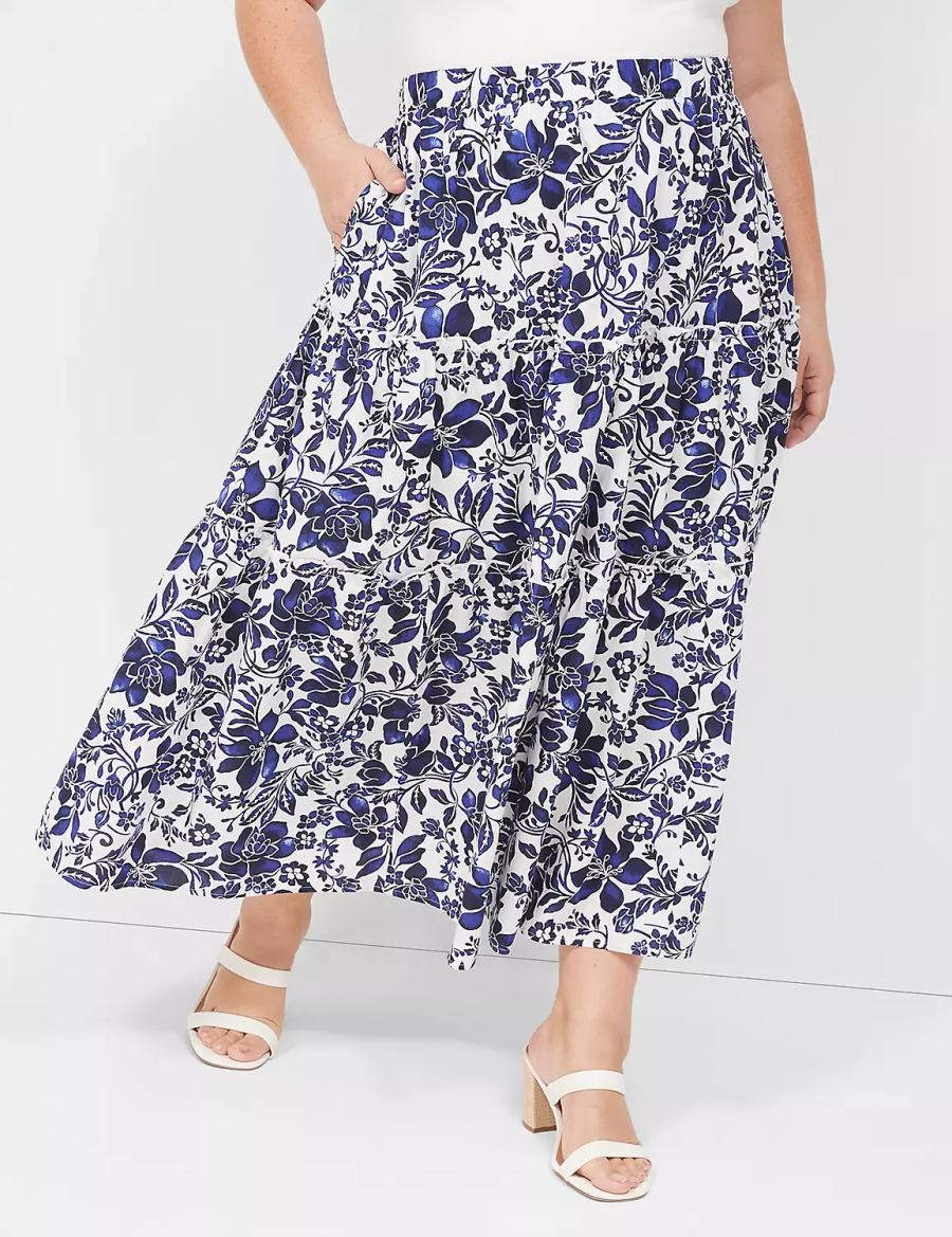 Women Lane Bryant Poplin Tiered Maxi Skirts Navy White | WFH3889SE