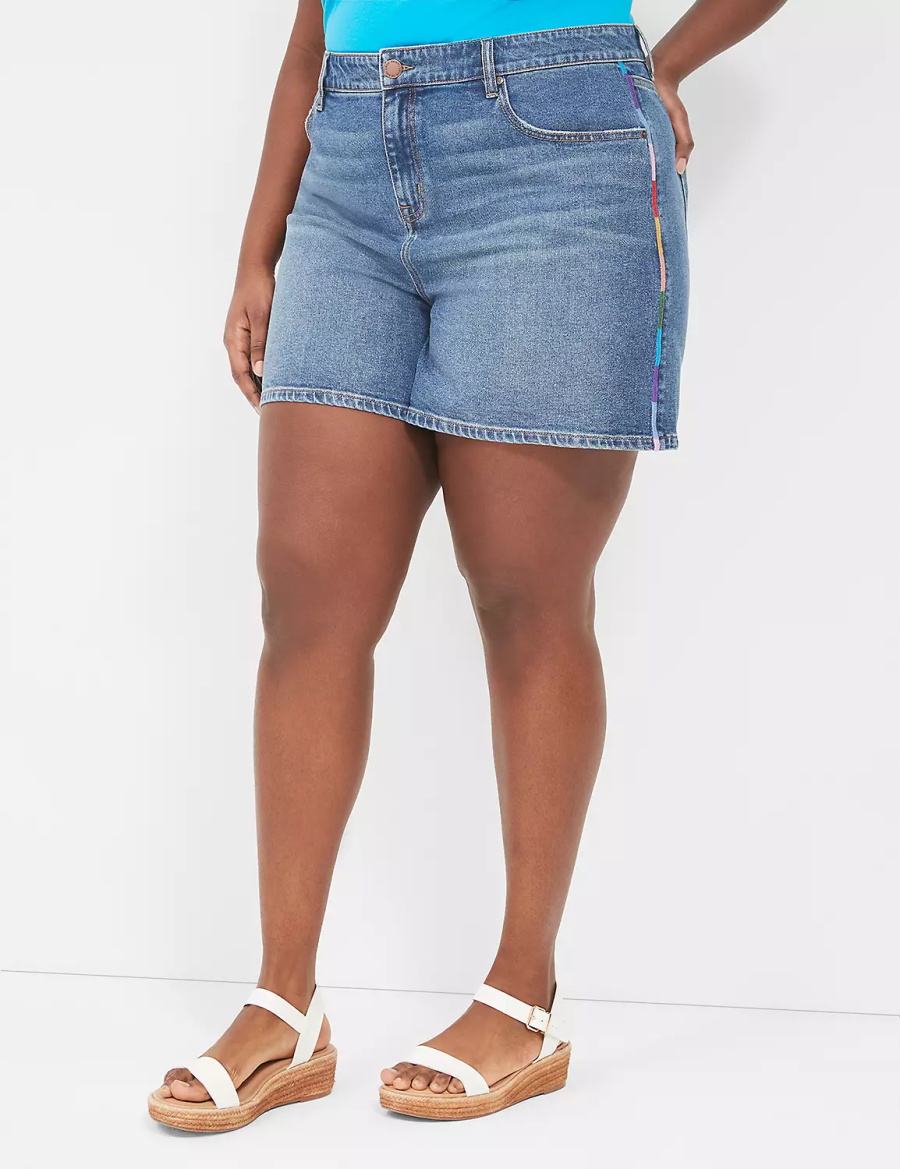 Women Lane Bryant Pride Boyfriend Fit Jean With Embroidery Shorts Blue | PCR5071WX