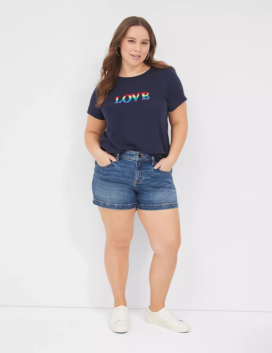 Women Lane Bryant Pride Embroidered Rainbow Love Graphic Tee T Shirts Blue | YYX7611HT