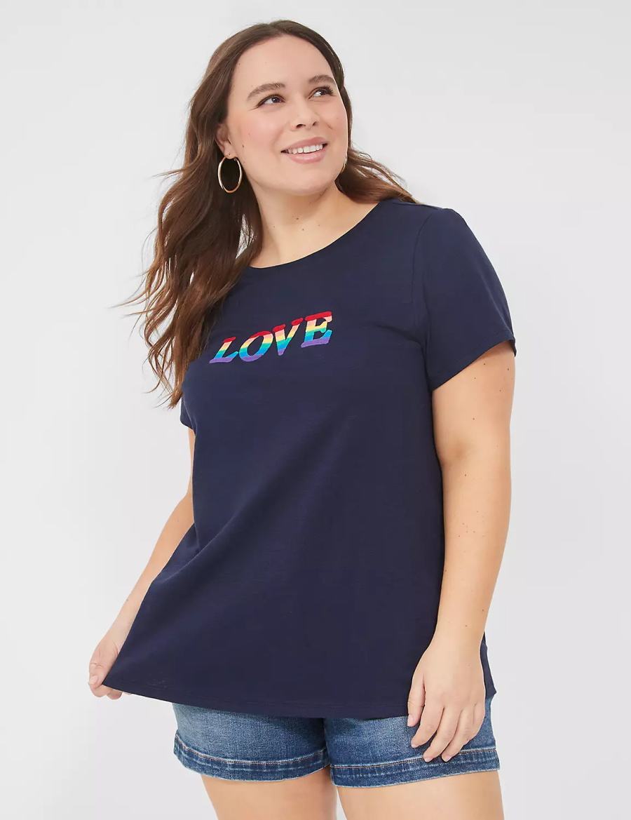 Women Lane Bryant Pride Embroidered Rainbow Love Graphic Tee T Shirts Blue | YYX7611HT