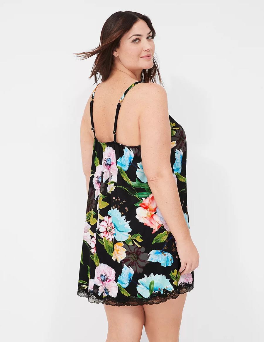 Women Lane Bryant Printed Lace-Trim Slip Dress Black | ZWN62100FS