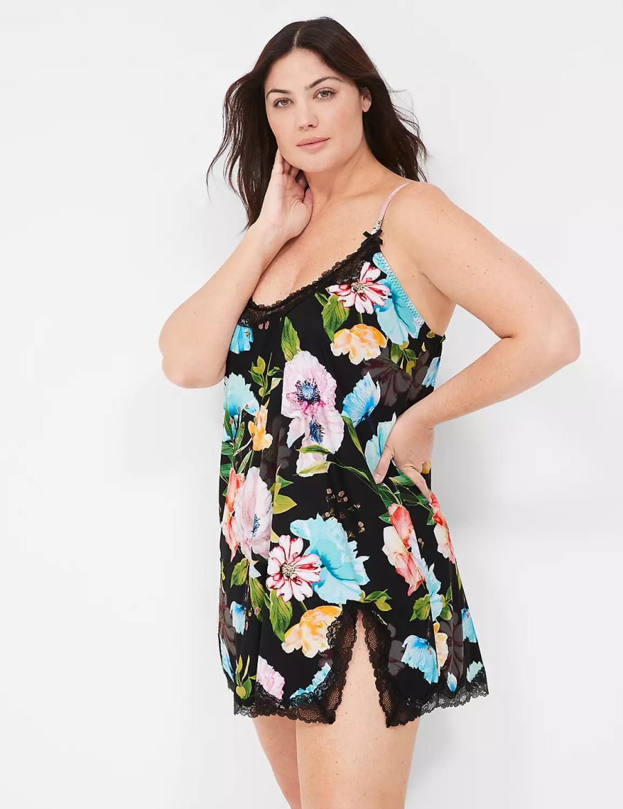 Women Lane Bryant Printed Lace-Trim Slip Dress Black | ZWN62100FS