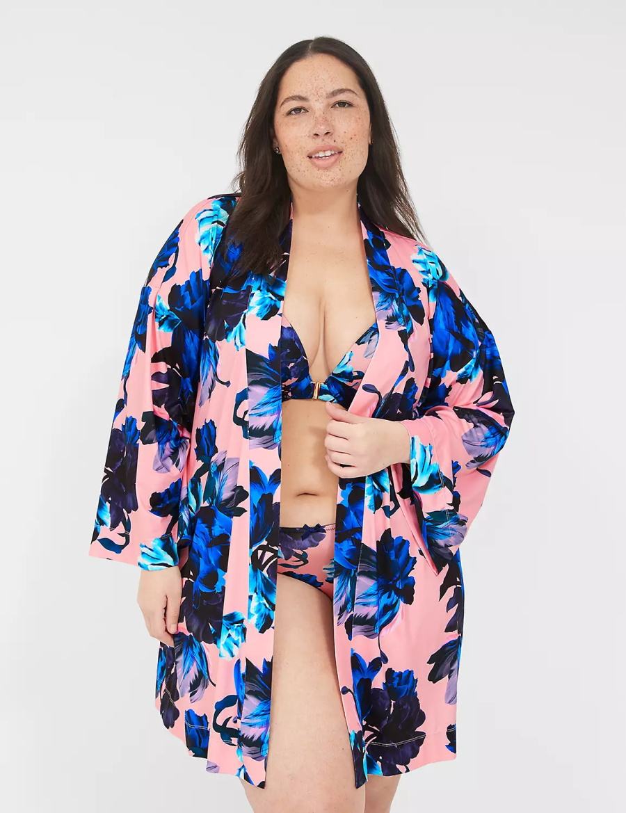 Women Lane Bryant Printed Microfiber Robe Pink Blue Multicolor | HPS9519BI