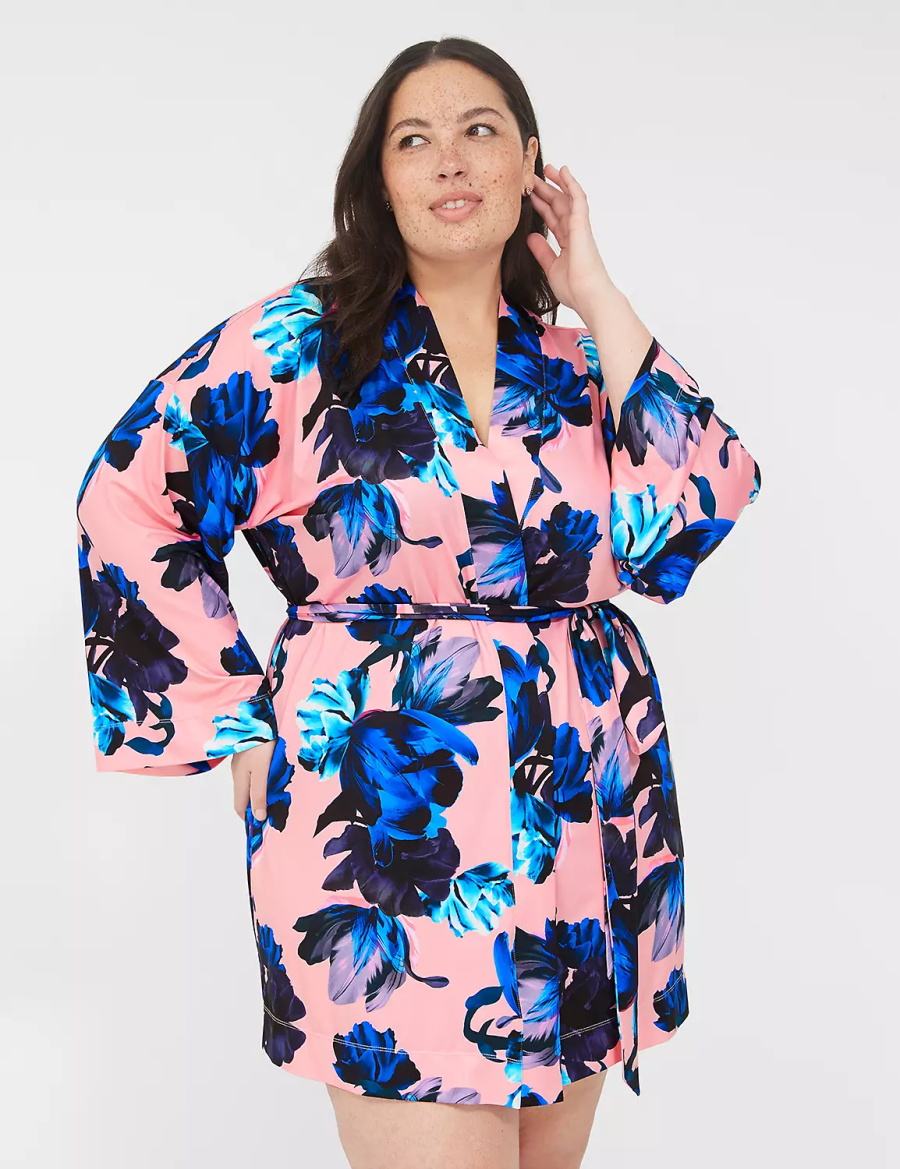 Women Lane Bryant Printed Microfiber Robe Pink Blue Multicolor | HPS9519BI