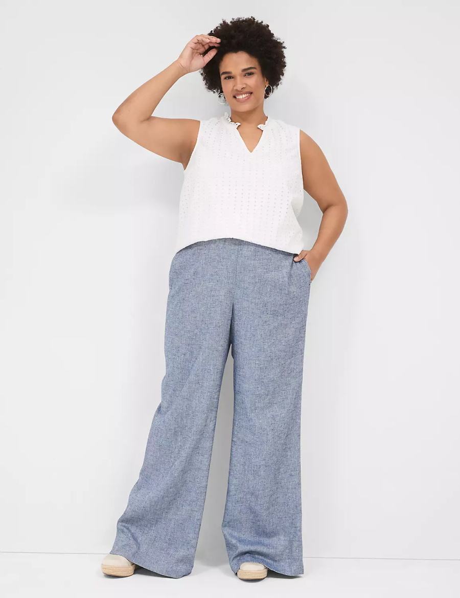 Women Lane Bryant Pull-On Chambray Linen Straight Leg Pants Blue Grey | WBL1469UQ