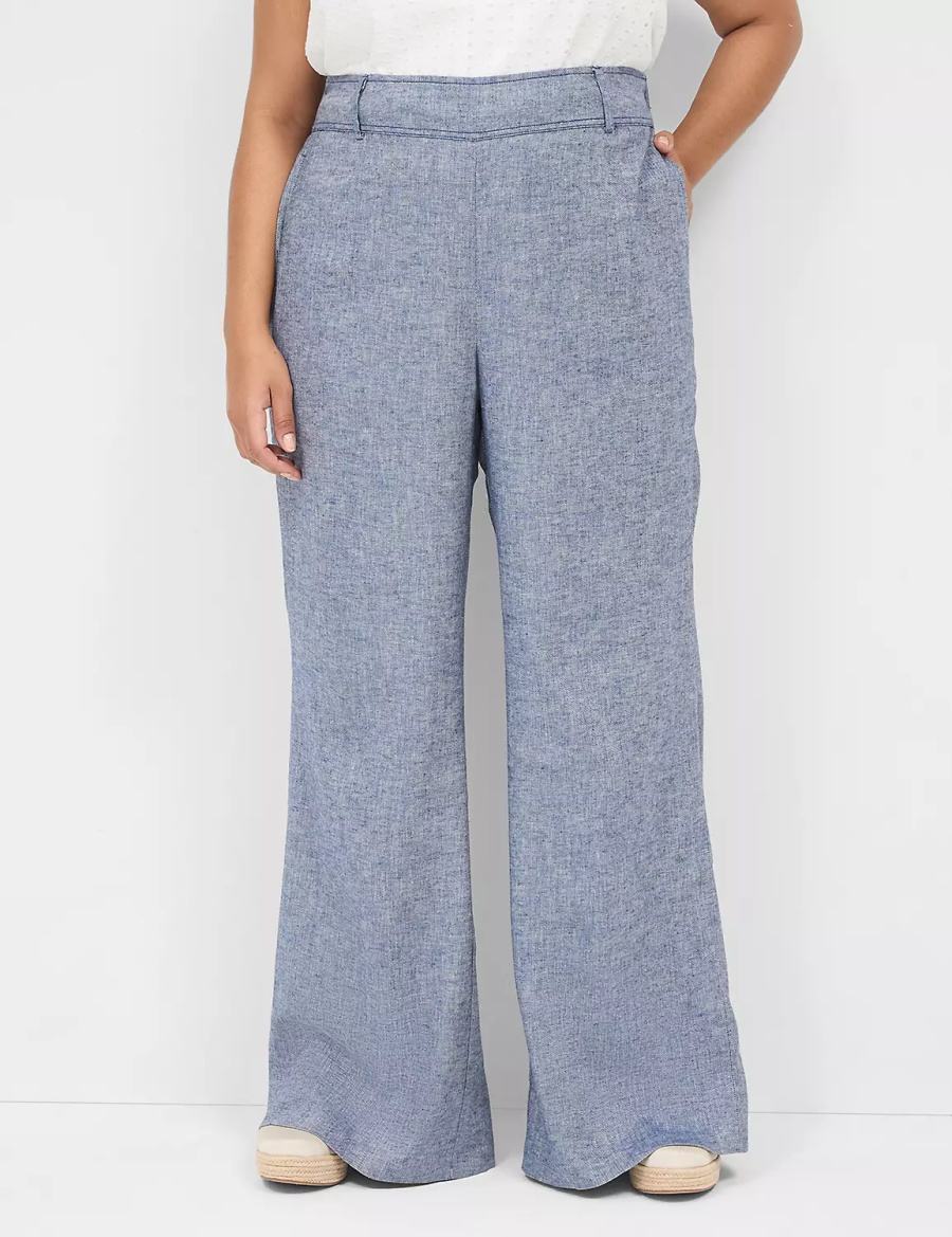 Women Lane Bryant Pull-On Chambray Linen Straight Leg Pants Blue Grey | WBL1469UQ