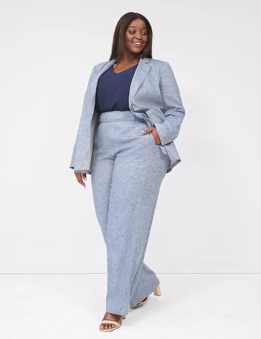 Women Lane Bryant Pull-On Chambray Linen Straight Leg Pants Blue Grey | WBL1469UQ