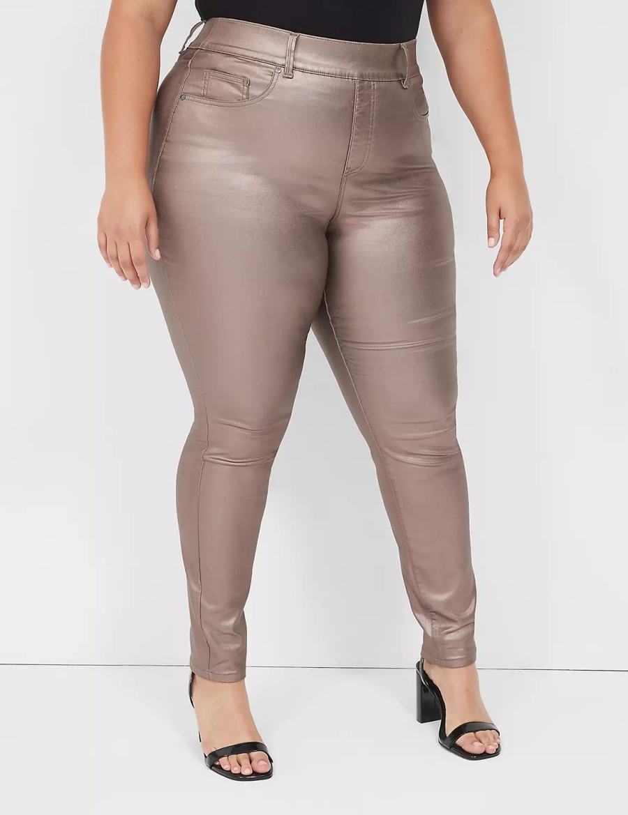 Women Lane Bryant Pull-On High-Rise Coated Metallic Jeggings Brown | HAX896QG