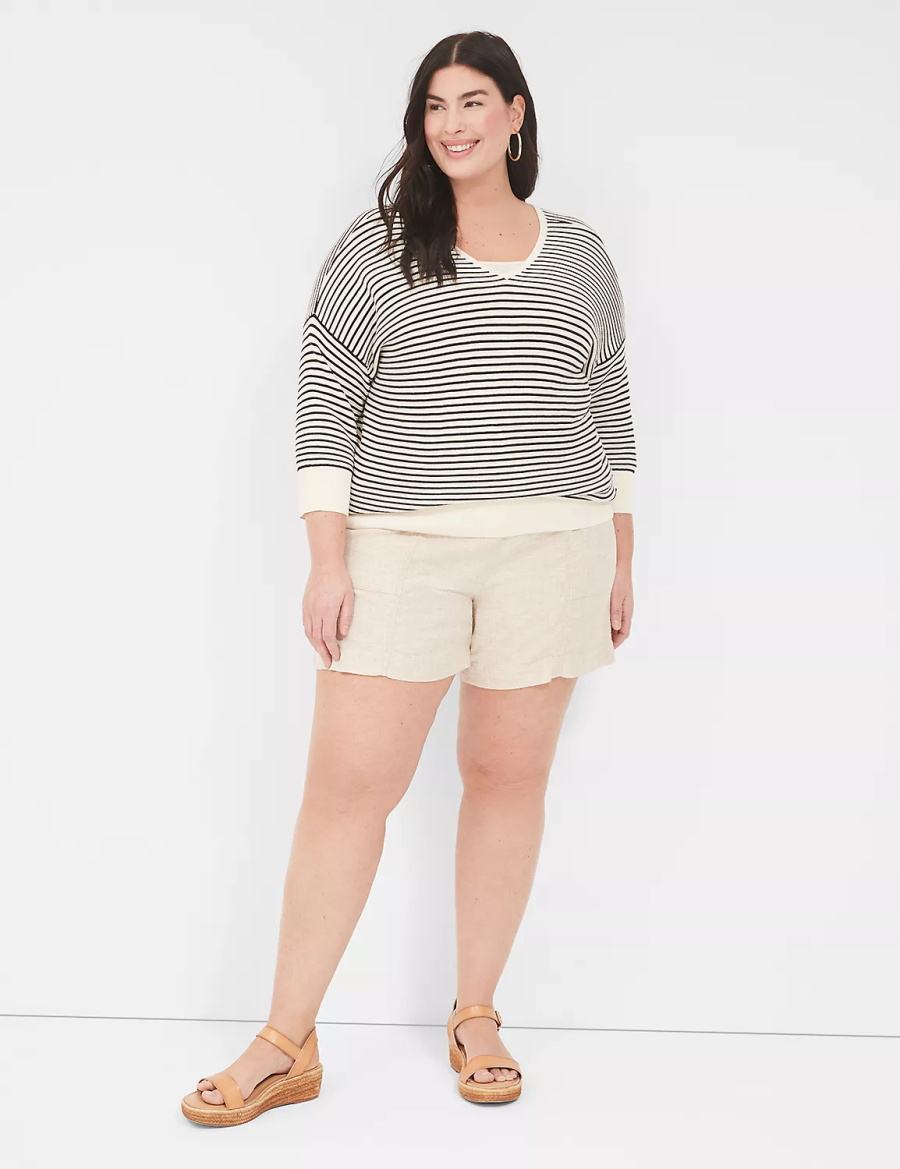 Women Lane Bryant Pull-On Linen Stripe Shorts Beige Stripes | XMD8055XB