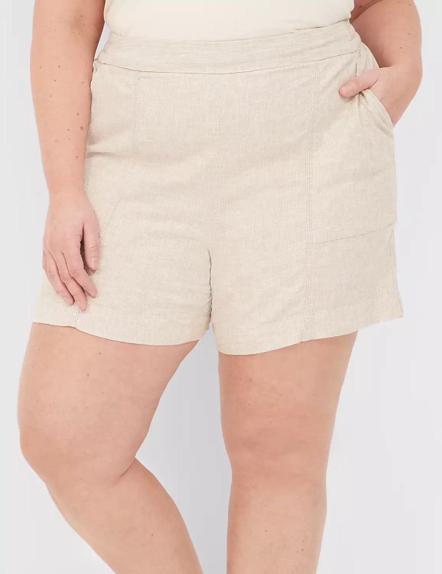 Women Lane Bryant Pull-On Linen Stripe Shorts Beige Stripes | XMD8055XB