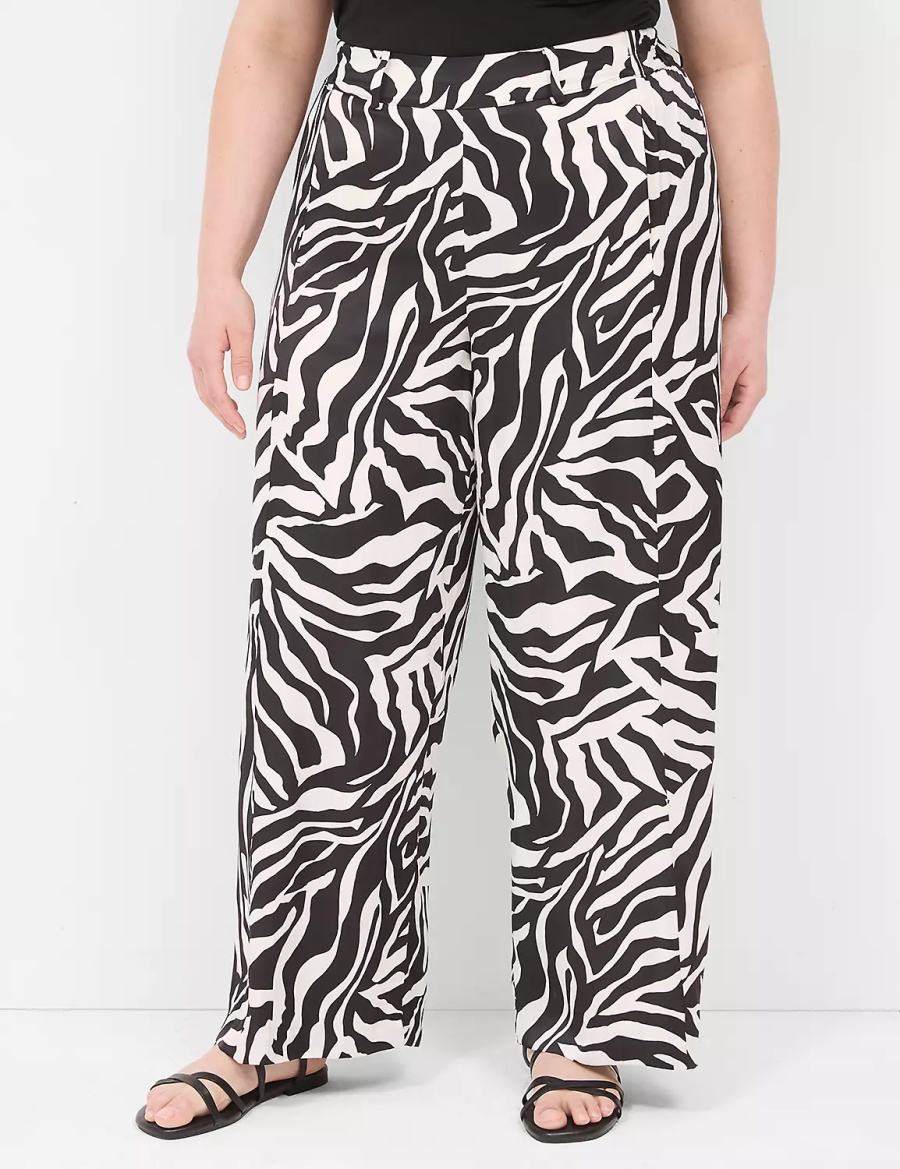 Women Lane Bryant Pull-On Satin Wide Leg Pants White Black | IAS2994NY