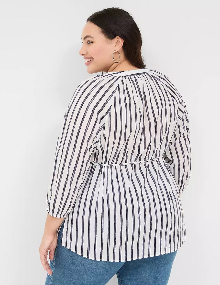 Women Lane Bryant Relaxed 3/4-Sleeve Button-Front Tunic Shirts Navy Stripes | KQA8829OS