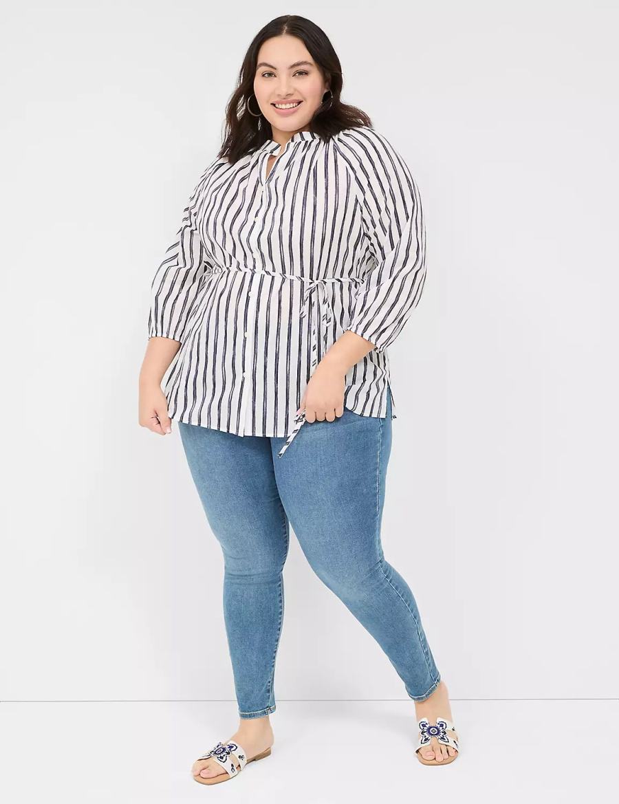 Women Lane Bryant Relaxed 3/4-Sleeve Button-Front Tunic Shirts Navy Stripes | KQA8829OS