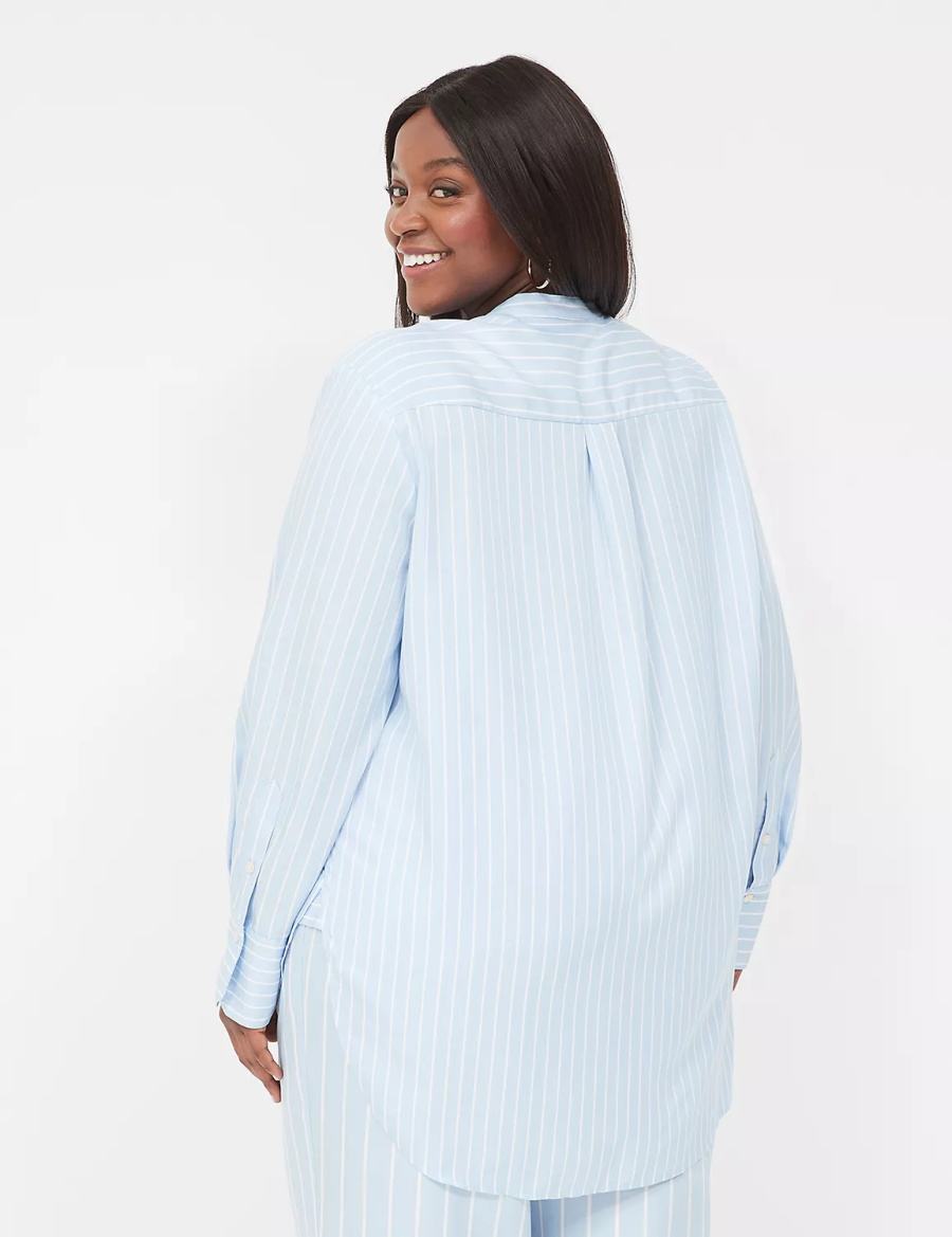 Women Lane Bryant Relaxed Collar Button-Down Shirts Light Blue Stripes | IOX4643GU