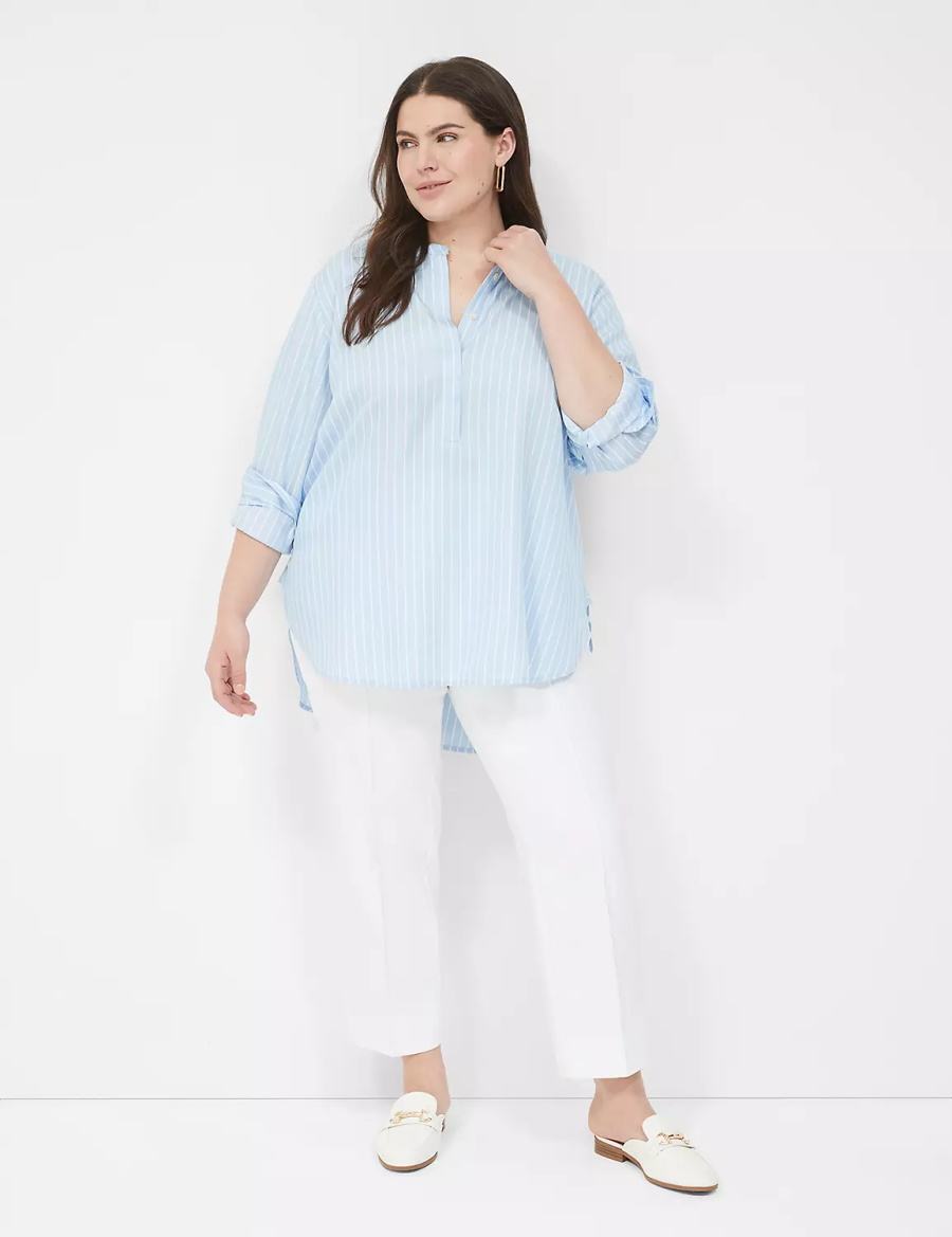 Women Lane Bryant Relaxed Collar Button-Down Shirts Light Blue Stripes | IOX4643GU