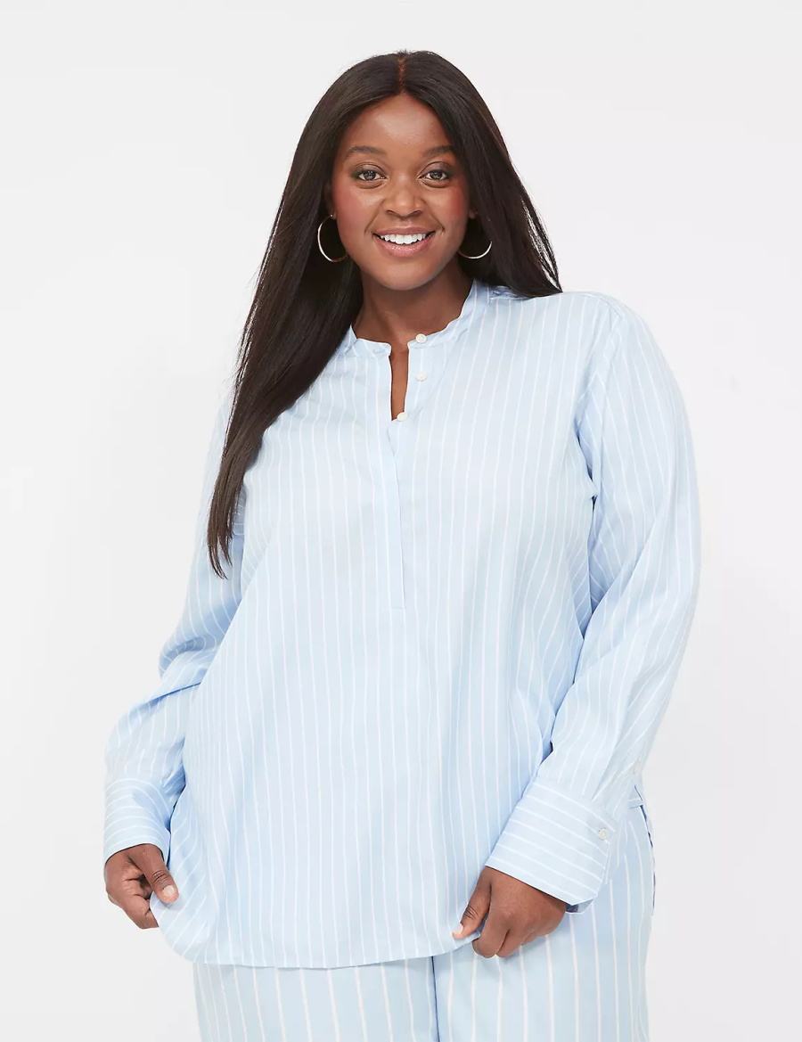 Women Lane Bryant Relaxed Collar Button-Down Shirts Light Blue Stripes | IOX4643GU