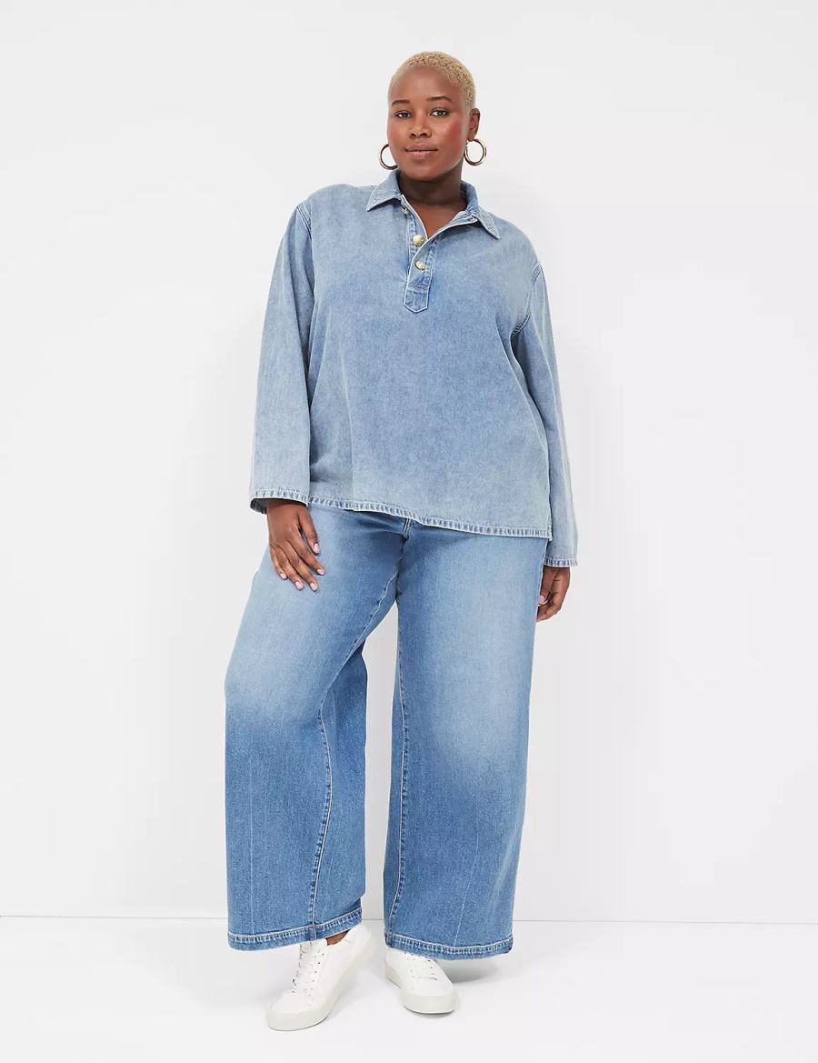 Women Lane Bryant Relaxed Collared Denim Popover Shirts Light Blue | AGG5527EK