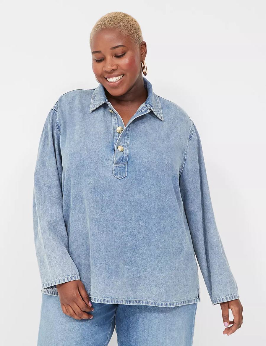 Women Lane Bryant Relaxed Collared Denim Popover Shirts Light Blue | AGG5527EK