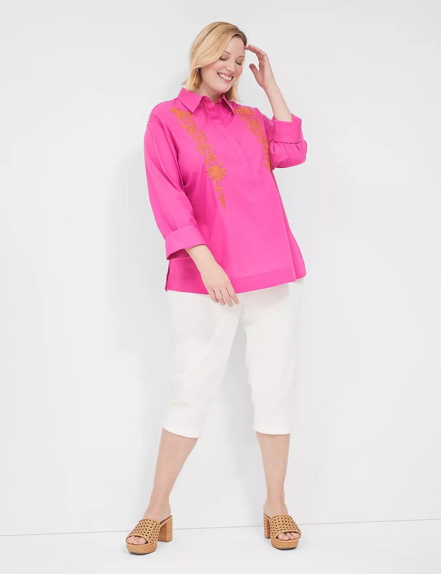 Women Lane Bryant Relaxed Collared Embroidered Tunic Shirts Fuchsia | IIS6546WX