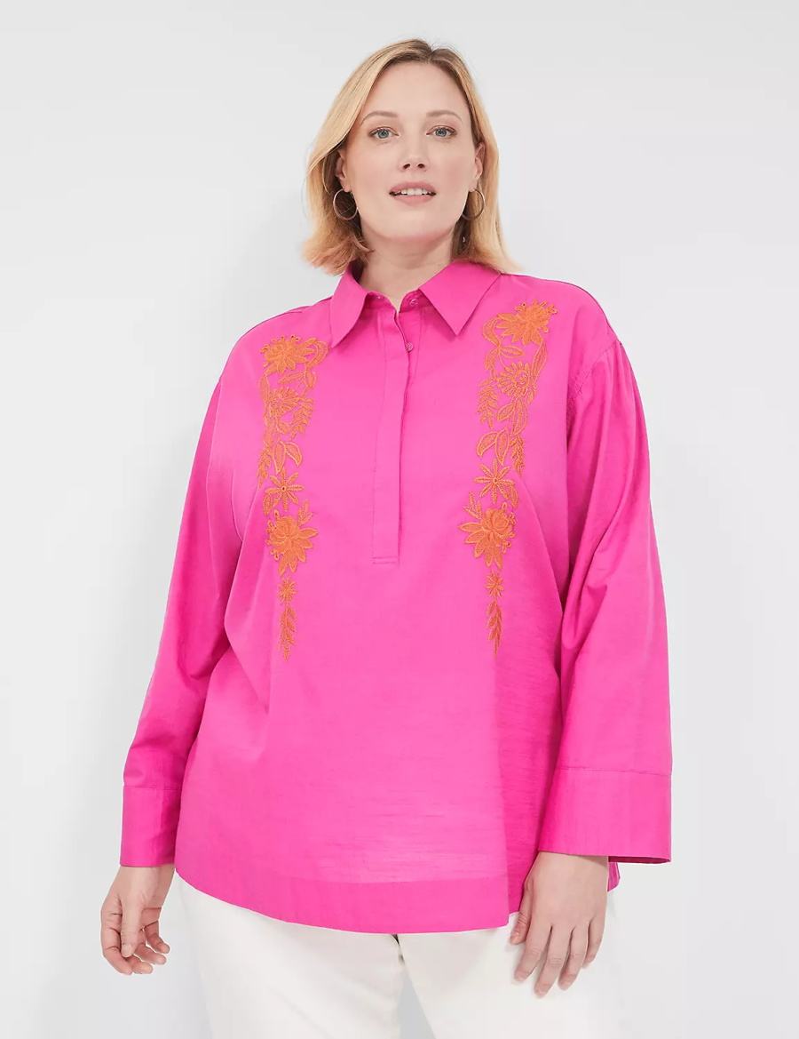 Women Lane Bryant Relaxed Collared Embroidered Tunic Shirts Fuchsia | IIS6546WX