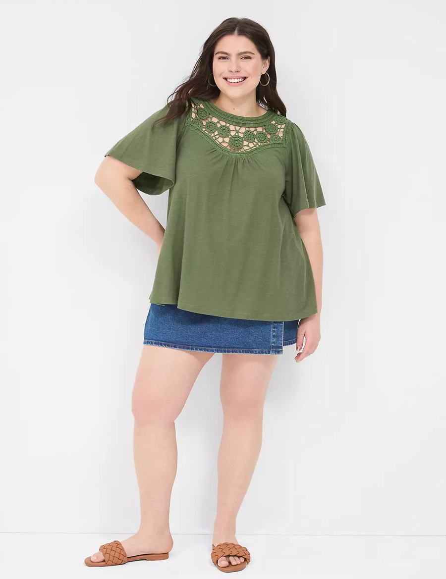 Women Lane Bryant Relaxed Crochet Crew-Neck Top T Shirts Brown Green | UXW3396TU