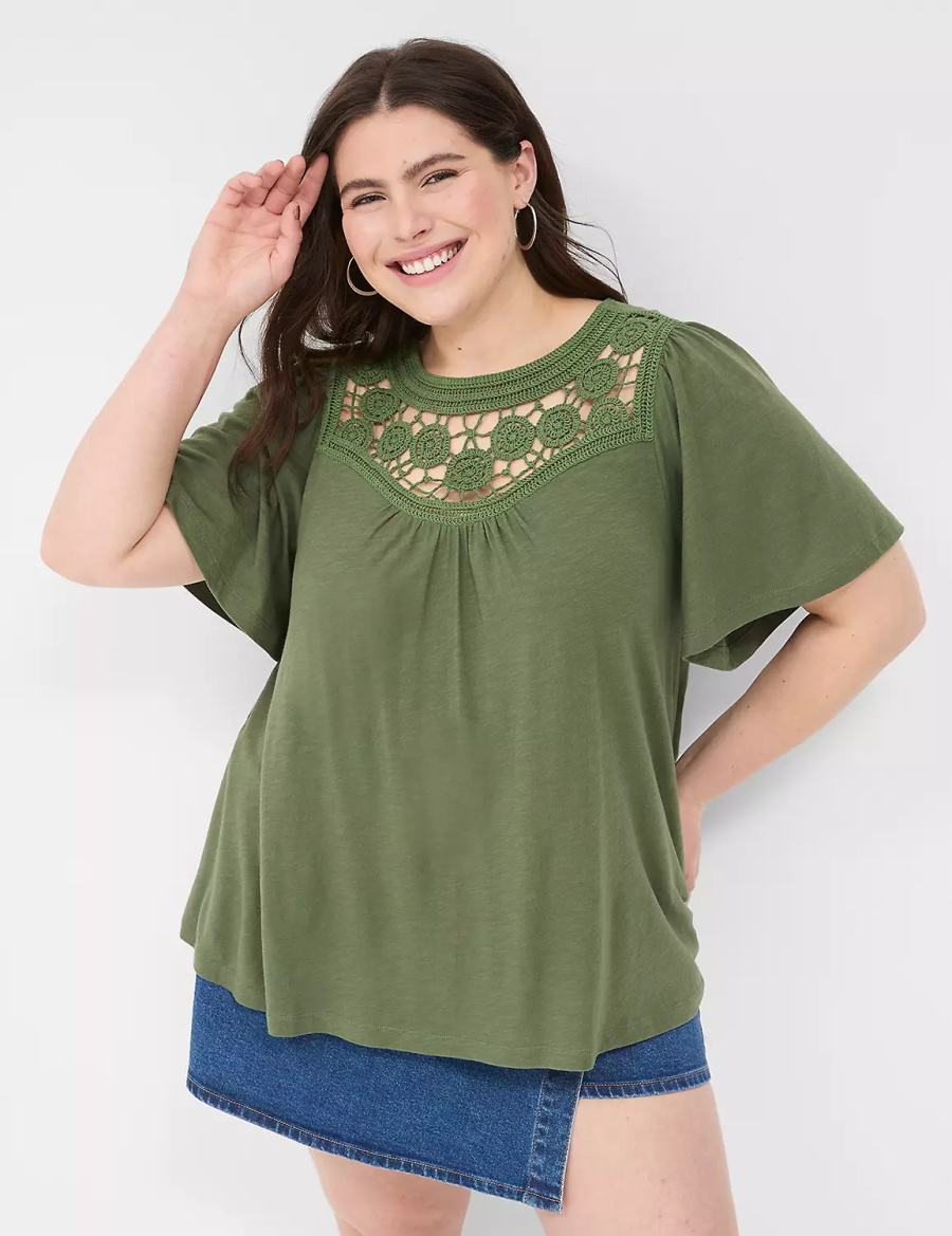 Women Lane Bryant Relaxed Crochet Crew-Neck Top T Shirts Brown Green | UXW3396TU