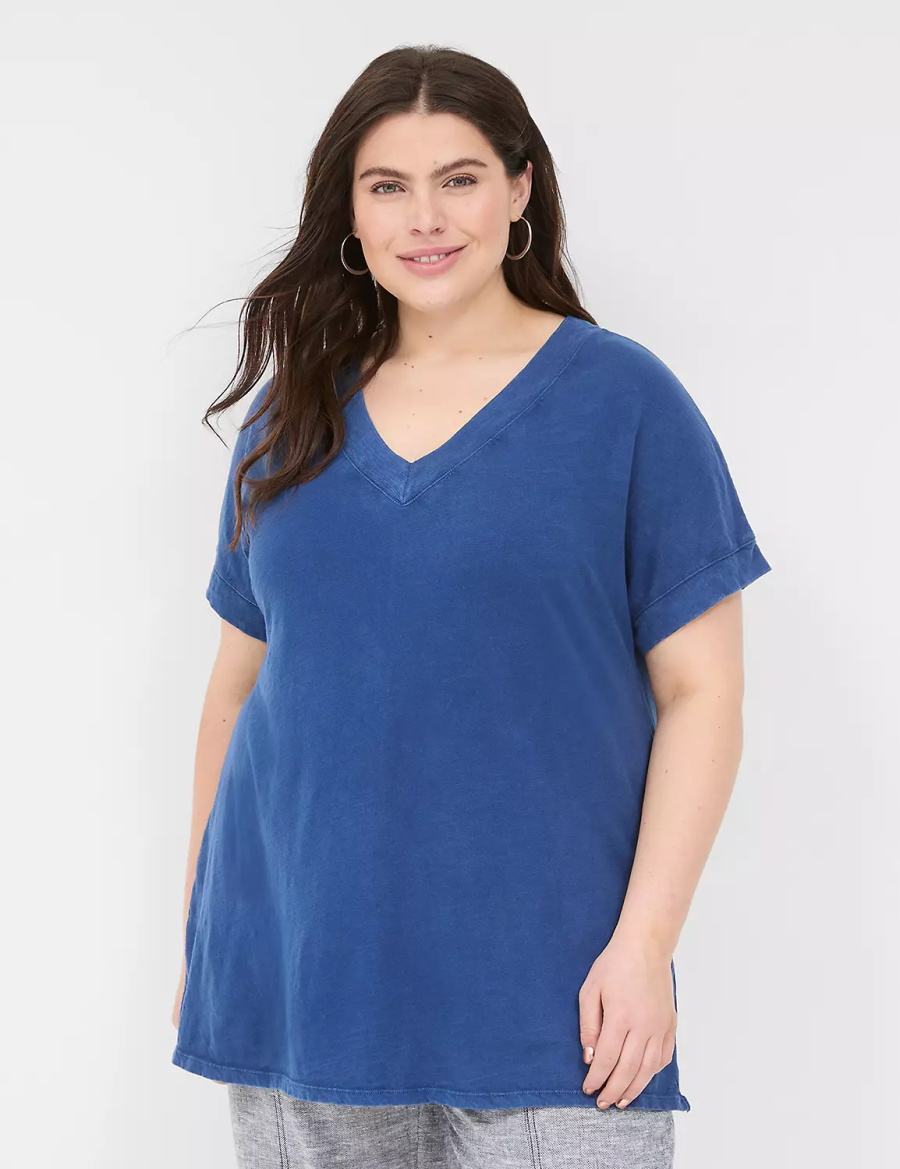 Women Lane Bryant Relaxed Easy V-Neck Tunic T Shirts Dark Blue | SZI3131AK