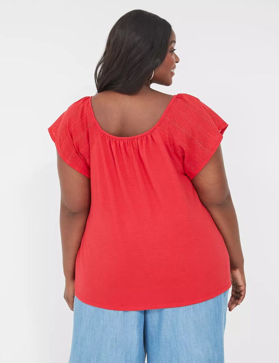 Women Lane Bryant Relaxed Eyelet-Sleeve Smocked-Neck Top T Shirts Red | KSZ5169RP