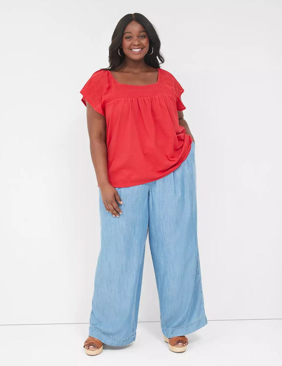 Women Lane Bryant Relaxed Eyelet-Sleeve Smocked-Neck Top T Shirts Red | KSZ5169RP