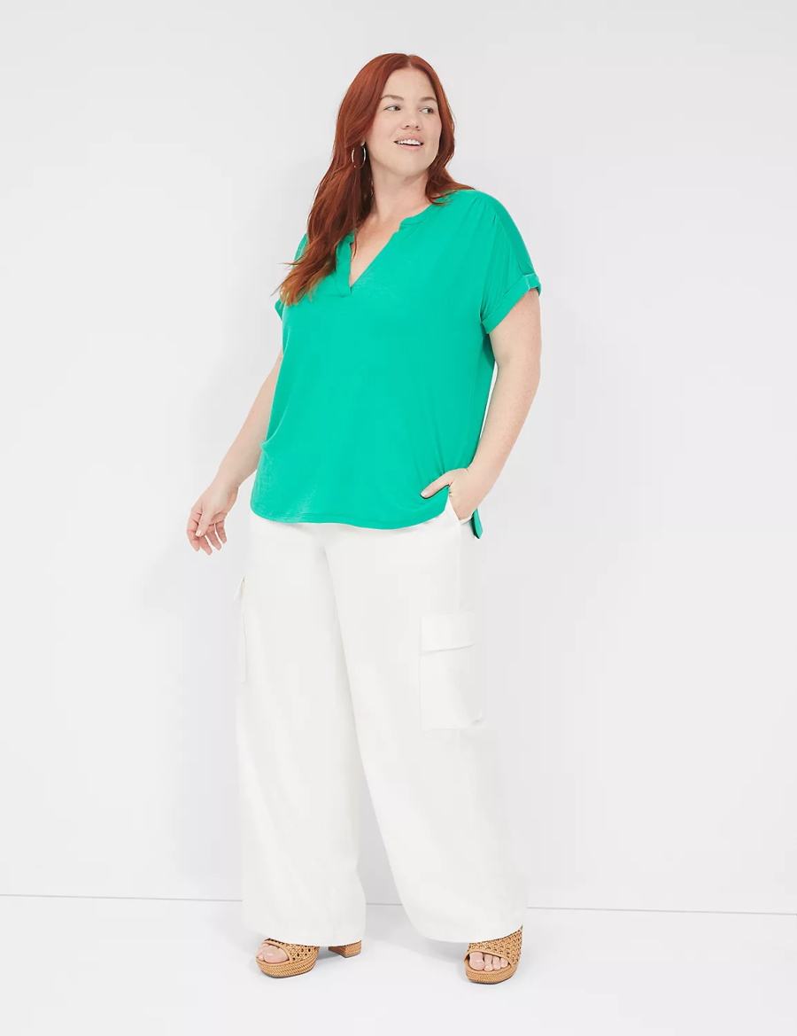 Women Lane Bryant Relaxed Gauze Notch-Neck Shirts Turquoise | YMJ977YP