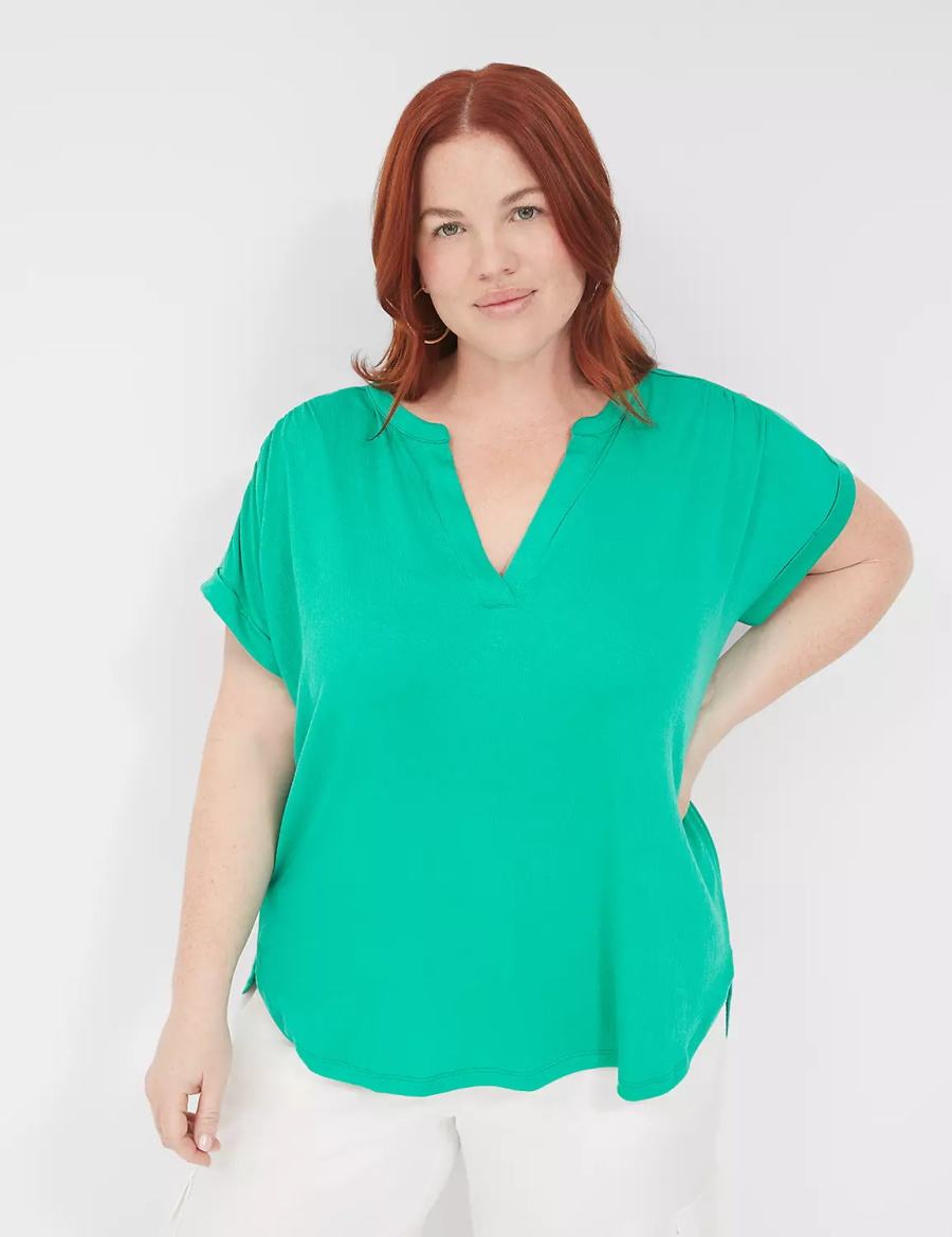 Women Lane Bryant Relaxed Gauze Notch-Neck Shirts Turquoise | YMJ977YP