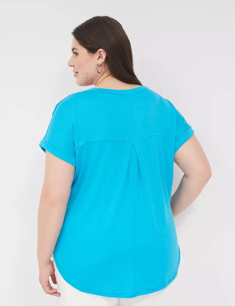 Women Lane Bryant Relaxed Gauze Notch-Neck Shirts Blue | AJL905FZ